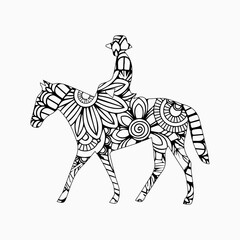 Floral adult coloring book page. Fairy tale horse.
