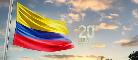 Fototapeten Colombia national flag cloth fabric waving on the sky - Image © Faraz