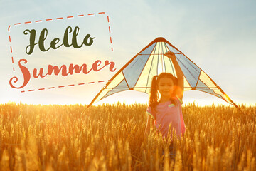 Cute little girl with kite in wheat field. Hello, summer