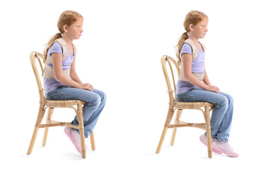 Little girl in back brace with bad and proper posture sitting on chair against white background