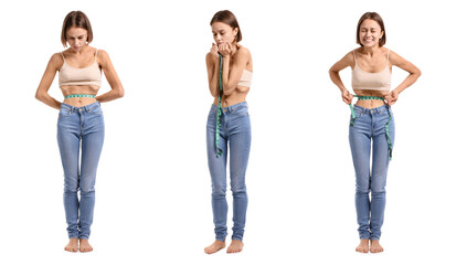 Set of young skinny woman with measuring tape on white background. Anorexia concept - obrazy, fototapety, plakaty
