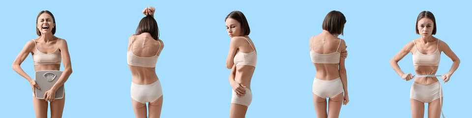 Set of young skinny woman on blue background. Anorexia concept - obrazy, fototapety, plakaty