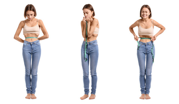 Set of young skinny woman with measuring tape on white background. Anorexia concept