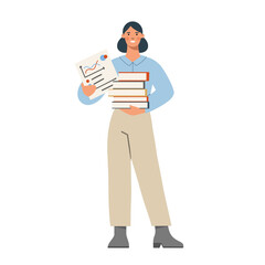 Professional office worker is preparing for projects or presentation. Woman is very busy, she has a lot of work. Flat vector illustration on white background.