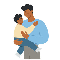 Happy african american dad holds his cute baby in arms. Father and son spend time together. Father's day. Modern design for greeting card, poster, print. Flat vector illustration.