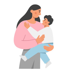 Mother and child. Beautiful woman holds her cute baby boy in arms. Happy Mother's day. Modern maternity. Design for greeting card, poster, web or print. Flat vector illustration.