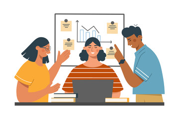 Teamwork. Business cooperation of young diverse people. Concept of brainstorming, unity and support between colleagues. Coworkers collaborating together at an office meeting. Flat vector illustration.