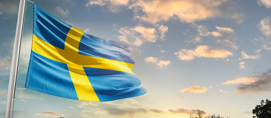 Sweden national flag cloth fabric waving on the sky - Image
