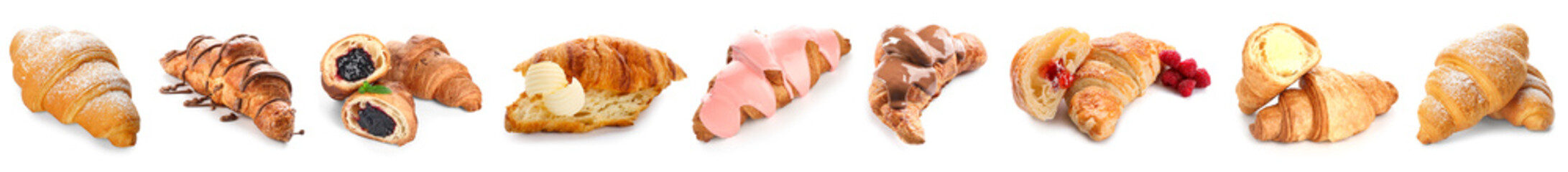 Set of sweet croissants on white background