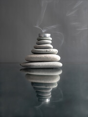 On a gray background is a pyramid of flat stones. An extinguished candle is above. Candle smoke....