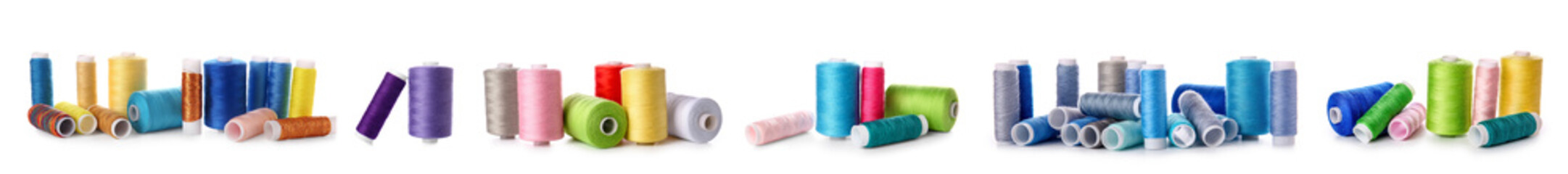 Set of bright sewing threads on white background