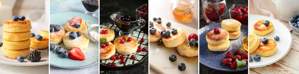 Sweet cottage cheese pancakes with berries on plate, closeup - obrazy, fototapety, plakaty