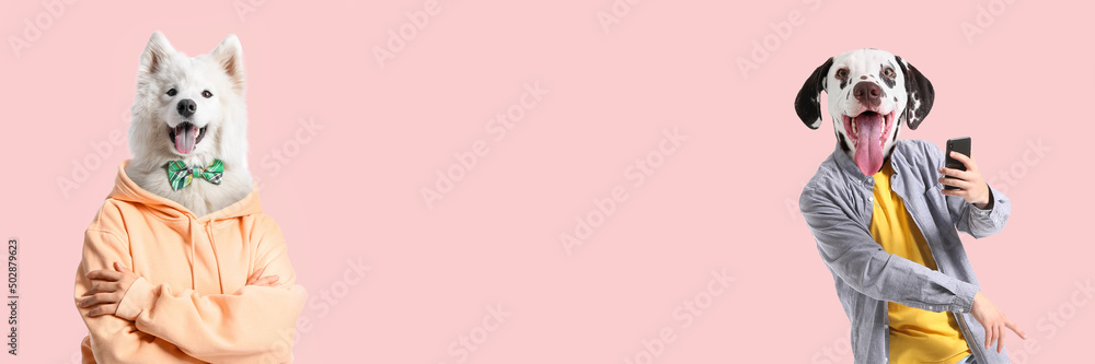 Wall mural cute dogs with human body on pink background with space for text