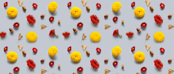 Many beautiful flowers and acorns on grey background. Pattern for design