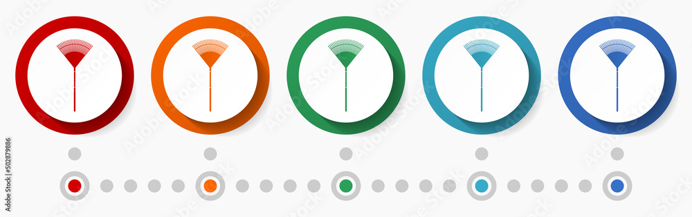 Aufkleber rake, gardening concept vector icon set, infographic template, flat design colorful web buttons in 5