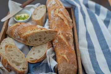 Home made fresh french Baguette loafs on a table
