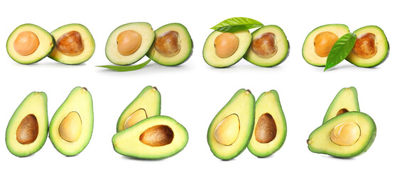Many halves of fresh avocado isolated on white