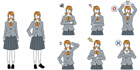 制服を着たティーンエイジャーの女の子の様々な表情のイラスト