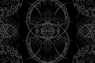 seamless luxurious Black and white caleidoscope gradient flower and leaf line art pattern of indonesian culture traditional tenun batik ethnic dayak ornament for wallpaper ads background 