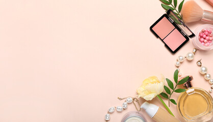 Cosmetics, pearl earrings and beautiful flower on pink background with space for text. Mother's Day celebration