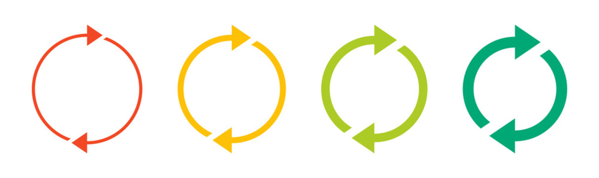 Set of circle arrow vector icons. Rotate arrow symbol. Refresh arrow icon. Recycling icon. Circular vector arrows. Vector illustration