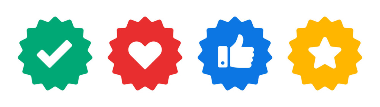 Check mark, favorite, like and star badge icon set template design. Sticker badge symbol vector illustration.