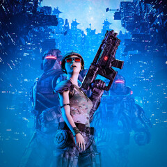 Cyberpunk soldier girl - 3D illustration of science fiction military robot warriors and female hero exploring futuristic city