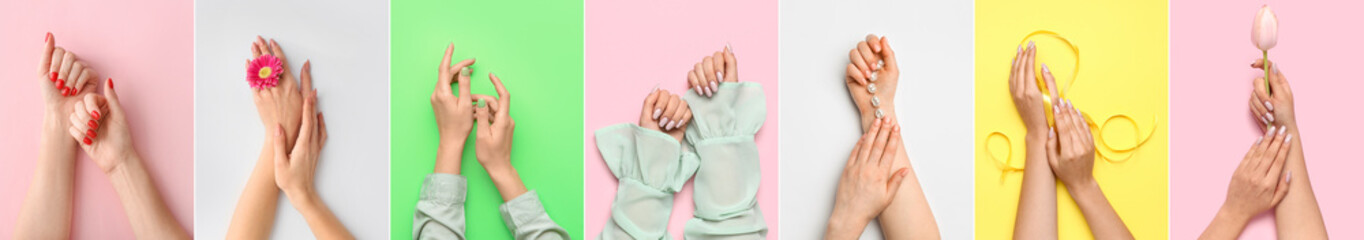 Set of female hands with beautiful manicure on colorful background, top view
