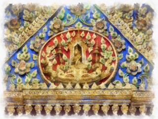 Landscape of ancient architecture and ancient art in Wat Suthat in Bangkok watercolor style illustration impressionist painting.