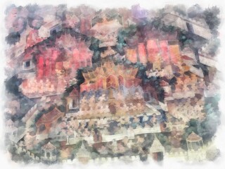 Landscape of ancient architecture and ancient art in Wat Suthat in Bangkok watercolor style illustration impressionist painting.