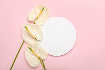 Beautiful anthurium flowers and blank card on pink background