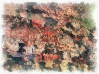 Landscape of ancient architecture and ancient art in Wat Suthat in Bangkok watercolor style illustration impressionist painting.