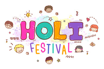 Stickman Kids Heads Holi Festival Illustration