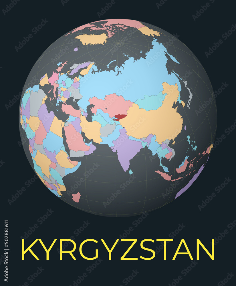 Poster world map centered to kyrgyzstan. red country highlighted. satellite world view centered to country 