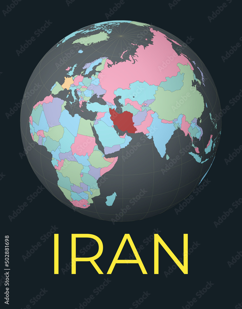 Poster world map centered to iran. red country highlighted. satellite world view centered to country with n