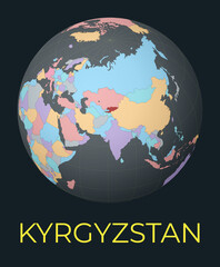 World map centered to Kyrgyzstan. Red country highlighted. Satellite world view centered to country with name. Vector Illustration.