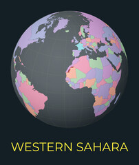 World map centered to Western Sahara. Red country highlighted. Satellite world view centered to country with name. Vector Illustration.