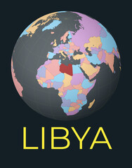 World map centered to Libya. Red country highlighted. Satellite world view centered to country with name. Vector Illustration.