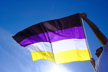  Adult waving non-binary flag in the wind on a sunny day.