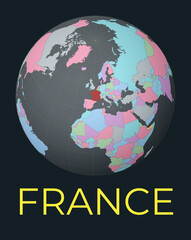 World map centered to France. Red country highlighted. Satellite world view centered to country with name. Vector Illustration.