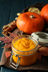 Concept of tasty food, pumpkin jam, close up