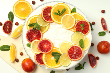 Concept of tasty dessert with meringue pie with citrus, top view