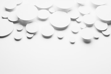 White simple geometric background with flying ovals in shining light with soft contrast grey shadows as energy pattern, border, copy space. Futuristic minimal backdrop for advertising, design.