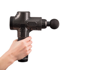 Close-up of a female hand with a portable massager gun on a white background. 