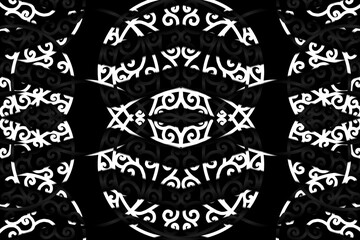 seamless luxurious Black and white caleidoscope gradient flower and leaf line art pattern of indonesian culture traditional tenun batik ethnic dayak ornament for wallpaper ads background 
