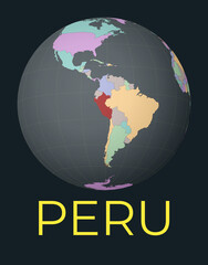 World map centered to Peru. Red country highlighted. Satellite world view centered to country with name. Vector Illustration.