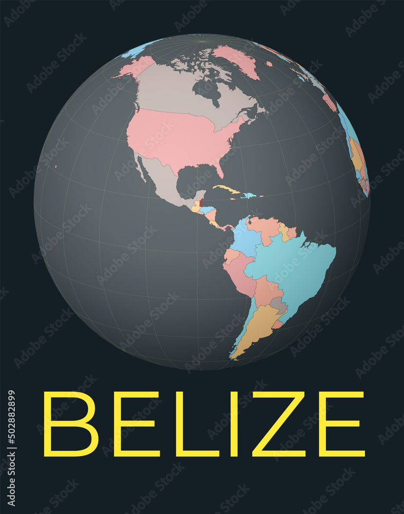 Poster world map centered to belize. red country highlighted. satellite world view centered to country with
