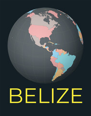 World map centered to Belize. Red country highlighted. Satellite world view centered to country with name. Vector Illustration.