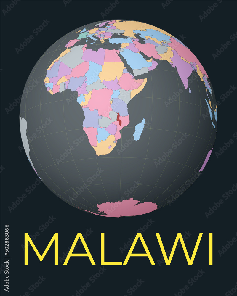 Poster world map centered to malawi. red country highlighted. satellite world view centered to country with