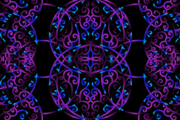 seamless luxurious purple blue caleidoscope gradient flower and leaf line art pattern of indonesian culture traditional tenun batik ethnic dayak ornament for wallpaper ads background 